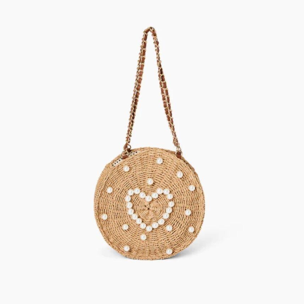 Elegant Tan Woven Crossbody Bag with Pearl Details
